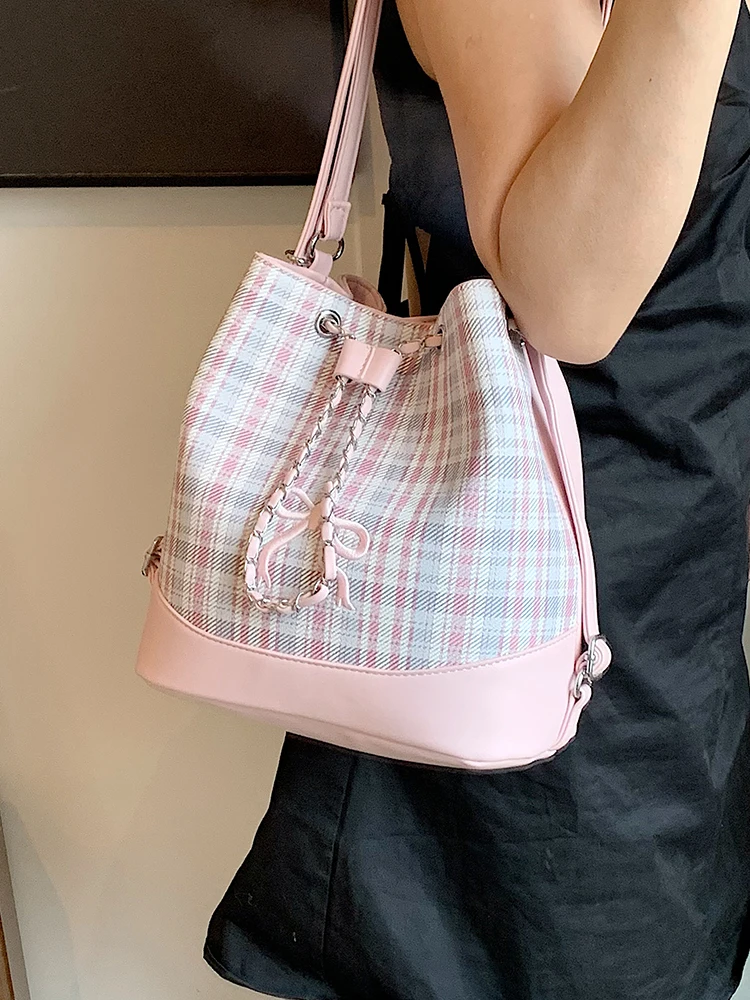 Sweet Cool Girl Bow Embroidery Drawstring Bucket Bag 2024 New Women's Plaid PU Splicing Crossbody Bags Fashion Outward Handbag