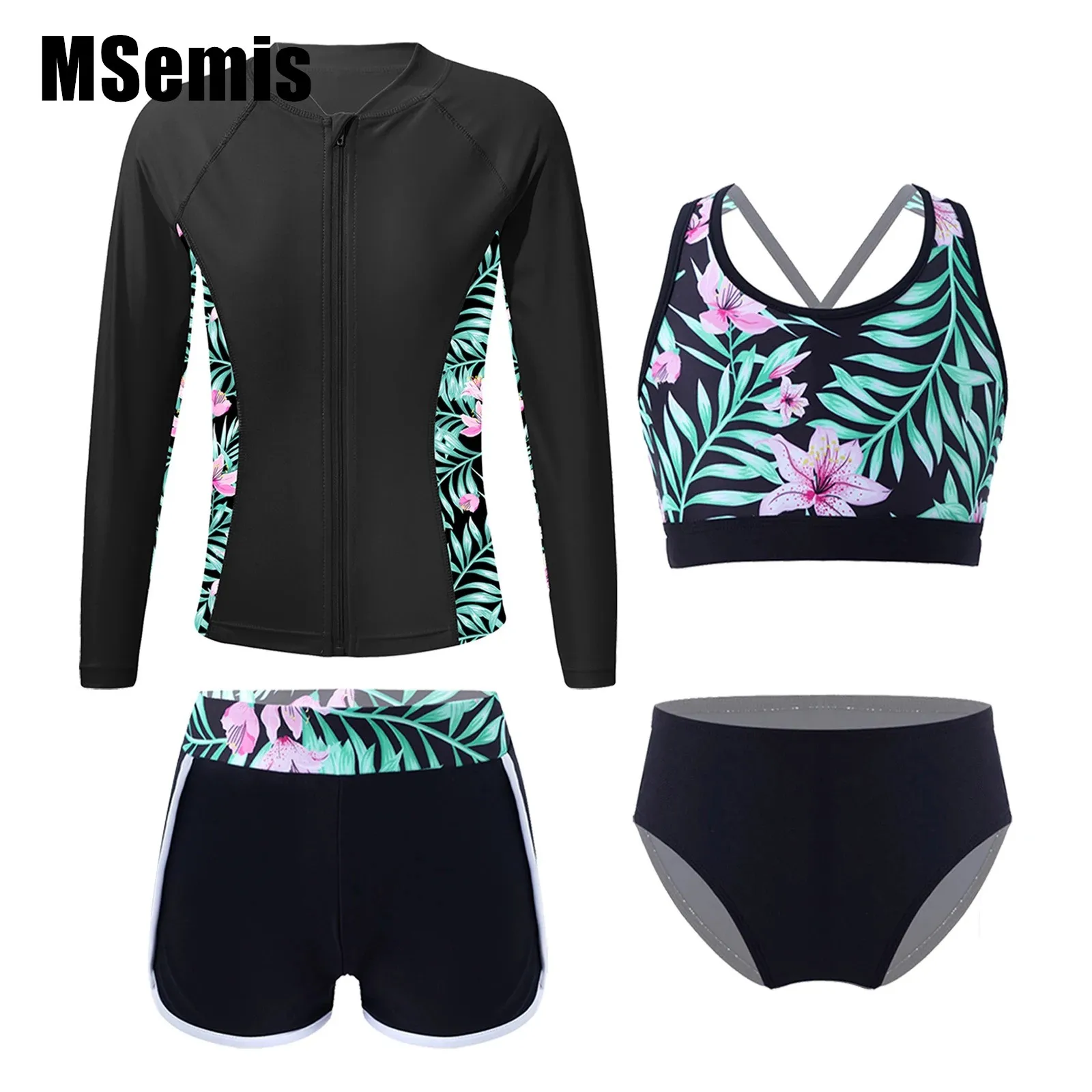 

Printed Swim Sets for Kids Girls Long Sleeve Outerwear with Sleeveless Crop Top And Briefs Shorts Outfit for Beach Pool Bathing