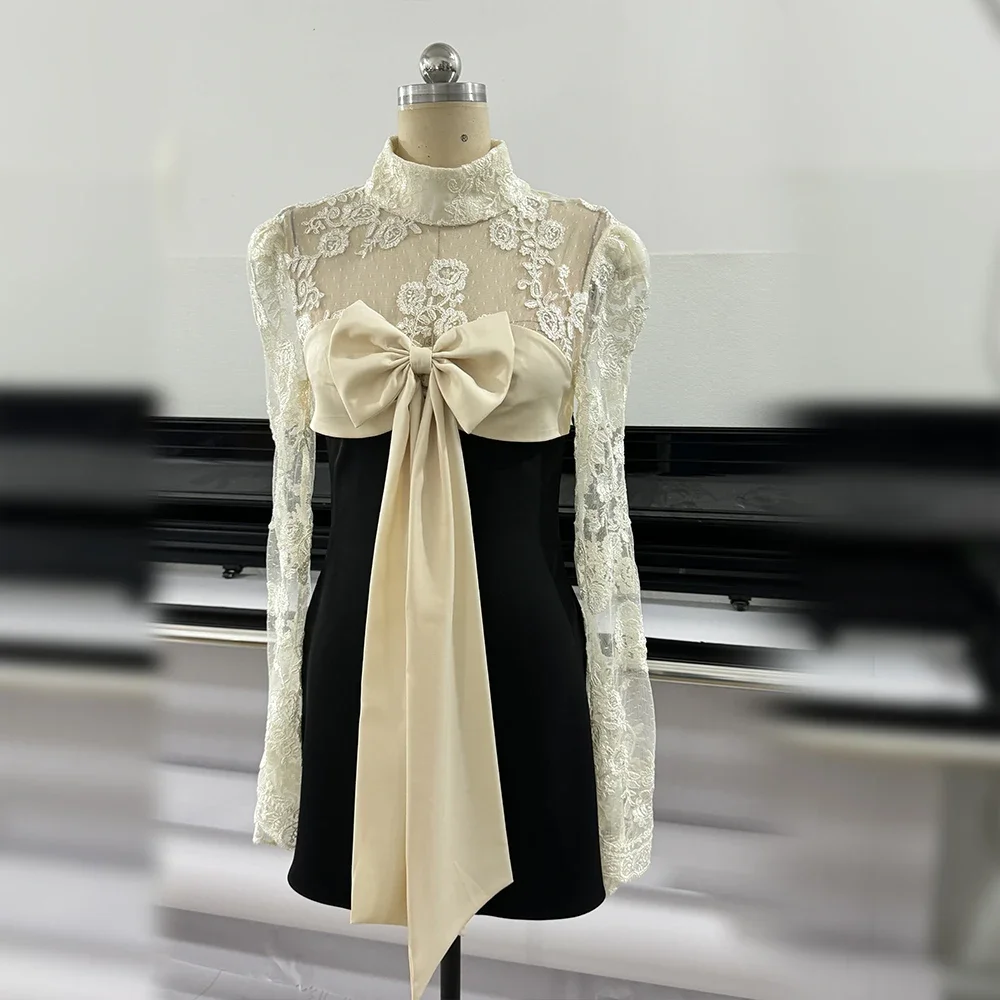 Elegant Black White Color Blocked Bow Mini Dress High Neck Lace Full Sleeve Prom Dress Retro Birthday Party Club Evening Gowns