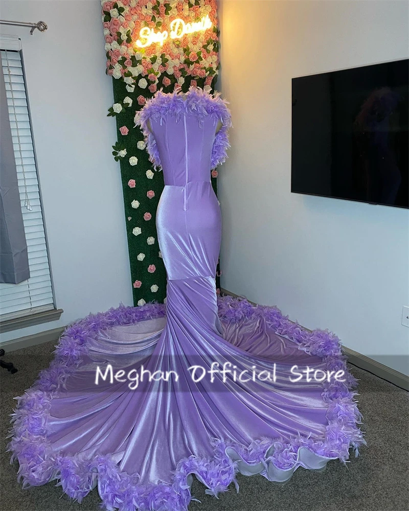 Purple V Neck Long Prom Dresses For Black Girls Bead Crystal Rhinestone 2024 Birthday Luxury Dress Feathers Customized