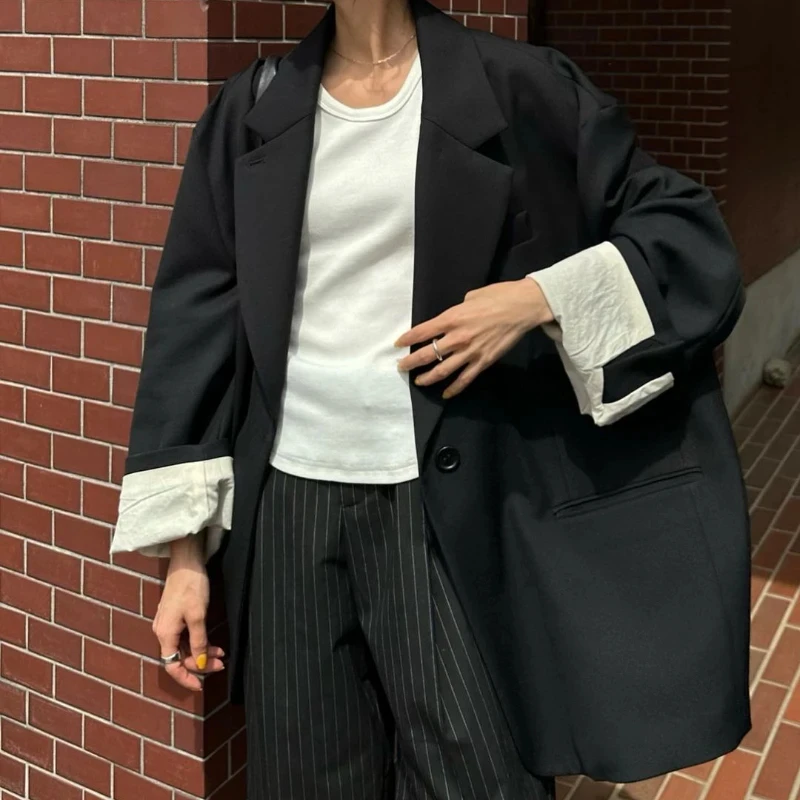 Notched Collar Single Button Blazer Mujer Japanese Long Sleeve Women Jackets Spring 2025 New Suit Coat Loose Casual Casacos