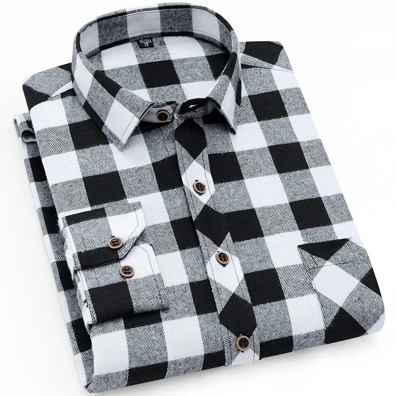 Men\'s Plaid Brushed Long Sleeve Shirts Single Pocket Comfortable Shirt Casual Fashion Standard Fit Button Down Checked Shirts