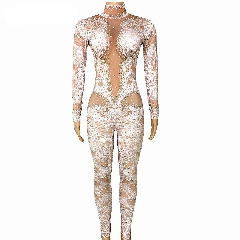 Fashion Rhinestones Jumpsuit Leggings Stretch Sexy Costume Women Nightclub Party Wear Dance Bodysuit Fashion Rompers