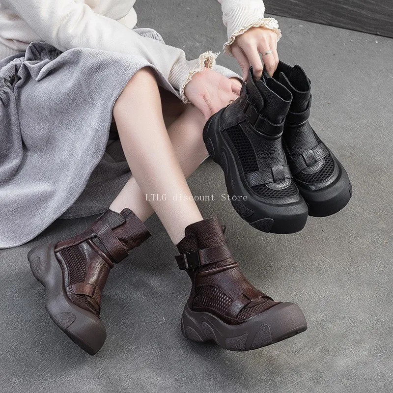 

Ankle Boots for Women Summer Thick Soled Hollow Breathable Mesh Boots Retro Genuine Leather Versatile Women's Platform Shoes