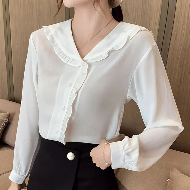 Long Sleeve White Women Shirt Doll Collar Chiffon Shirt Blouse Women Tops Blouses Shirts Blusas Para Mujer Camisas Blusa M183