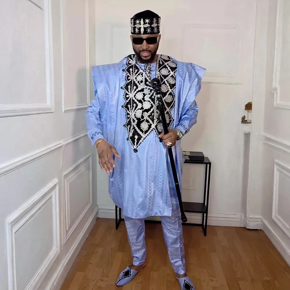 

New African Clothes for Men Dashiki Tradition Outfit Robe Embroidery Tops Pants Suits Bazin Muslim Wedding Party Clothing