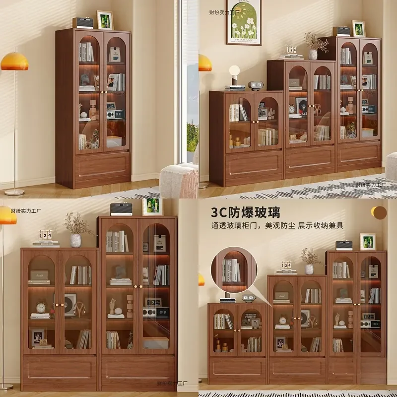 For Solid Wood Bookcase with Glass Door Antique Living Room Display Cabinet Wall Storage Unit for Small Apartment Home Decor