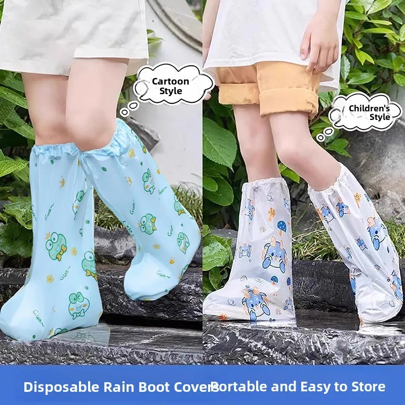 disposable-long-tube-shoe-covers-children's-waterproof-rain-boots-anti-slip-wear-resistant-thick-portable-schooling-shoe-covers