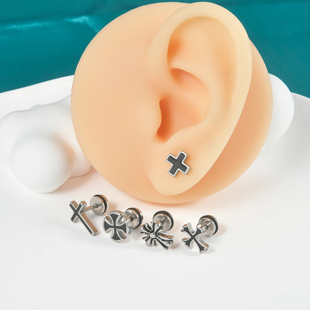 1PC Surgical Steel Oiled Cross Ear Stud Personality Punk Straight Disc Inlaid Rhinestones Carved Letters Tragus Earrings 16G