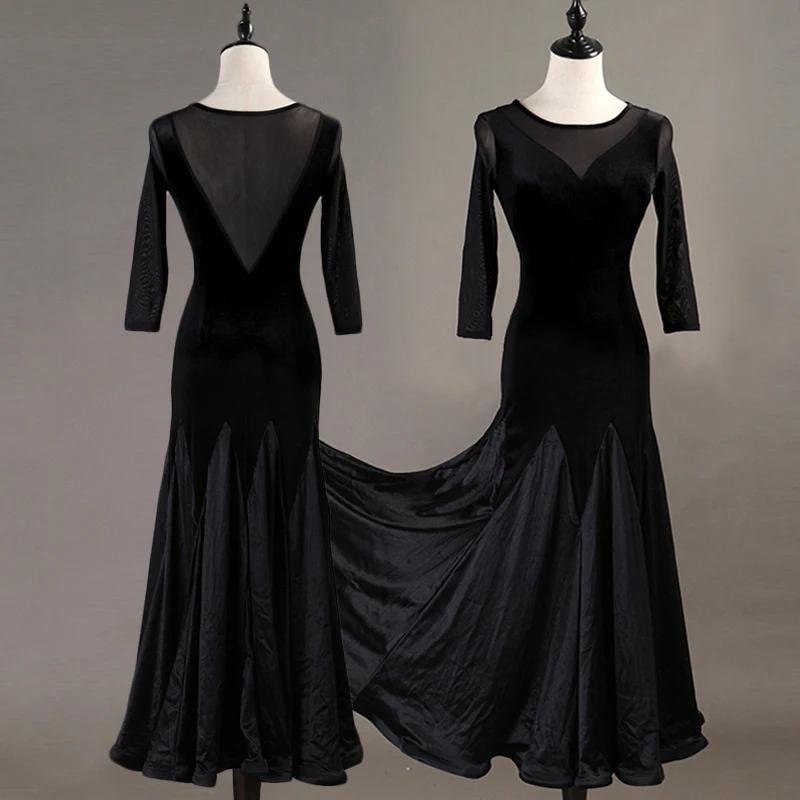

Elegant Black Standard Dance Costume Ballroom Waltz Dress For Competition Women Velvet Long Sleeve Dresses Female Dancewear 3792