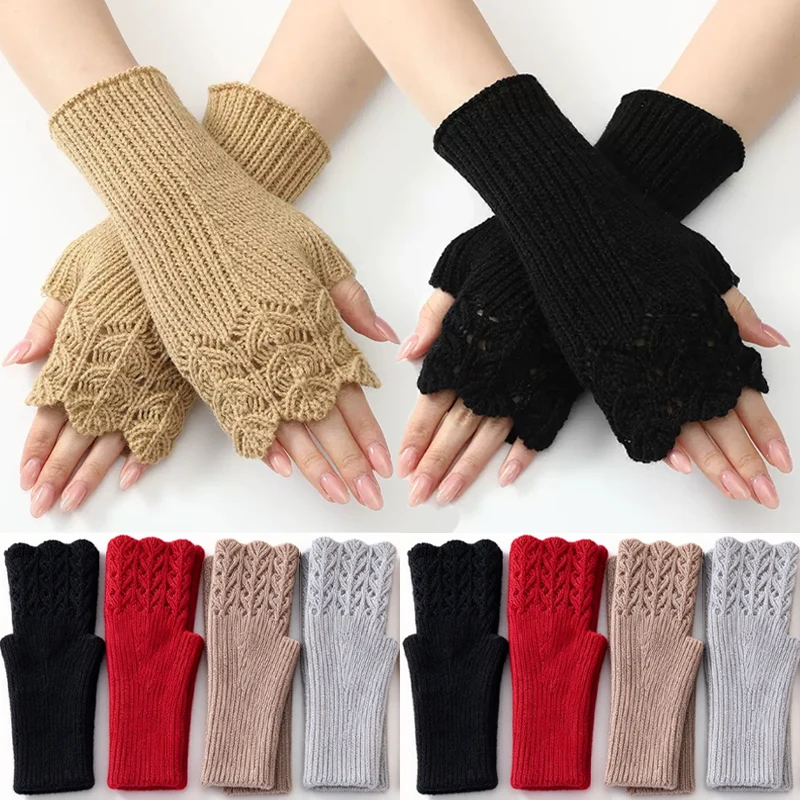 Elegant Crochet Maple Leaf Pattern Knit Fingerless Gloves Women Retro Winter Wrist Hand Warmers Typing Office Daily Wear Russian
