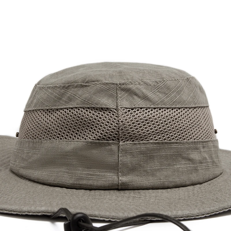 Men Summer Bucket Hat For Outdoor UV Protection Cotton Mesh Cap Panama Jungle Fisherman Hiking Travel Beach With Windproof Rope