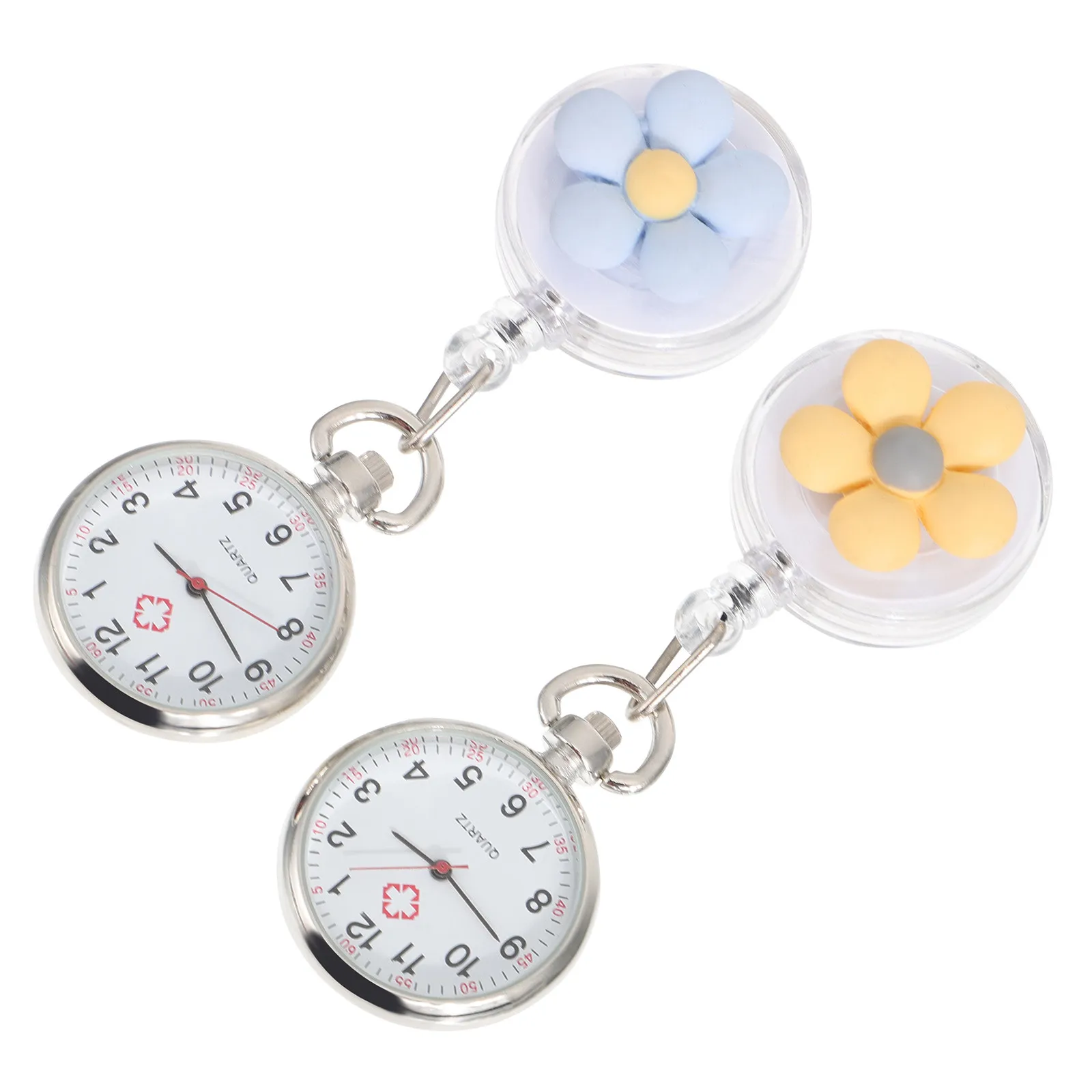 2Pcs Flower Pattern Pocket Watches Retractable Clip-on Nurse Watch Quartz Movement Hanging Watch for Doctors Nurses