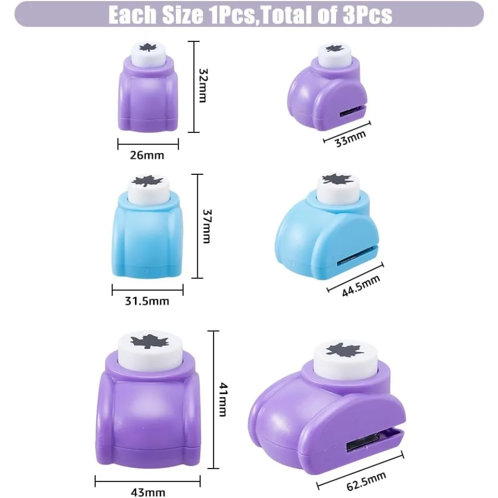 3Pcs 3 Sizes Maple Leaf Punches Set Craft Hole Punch Shapes Blue Purple Small Paper Puncher Plastic Alloy Crafting Scrapbook