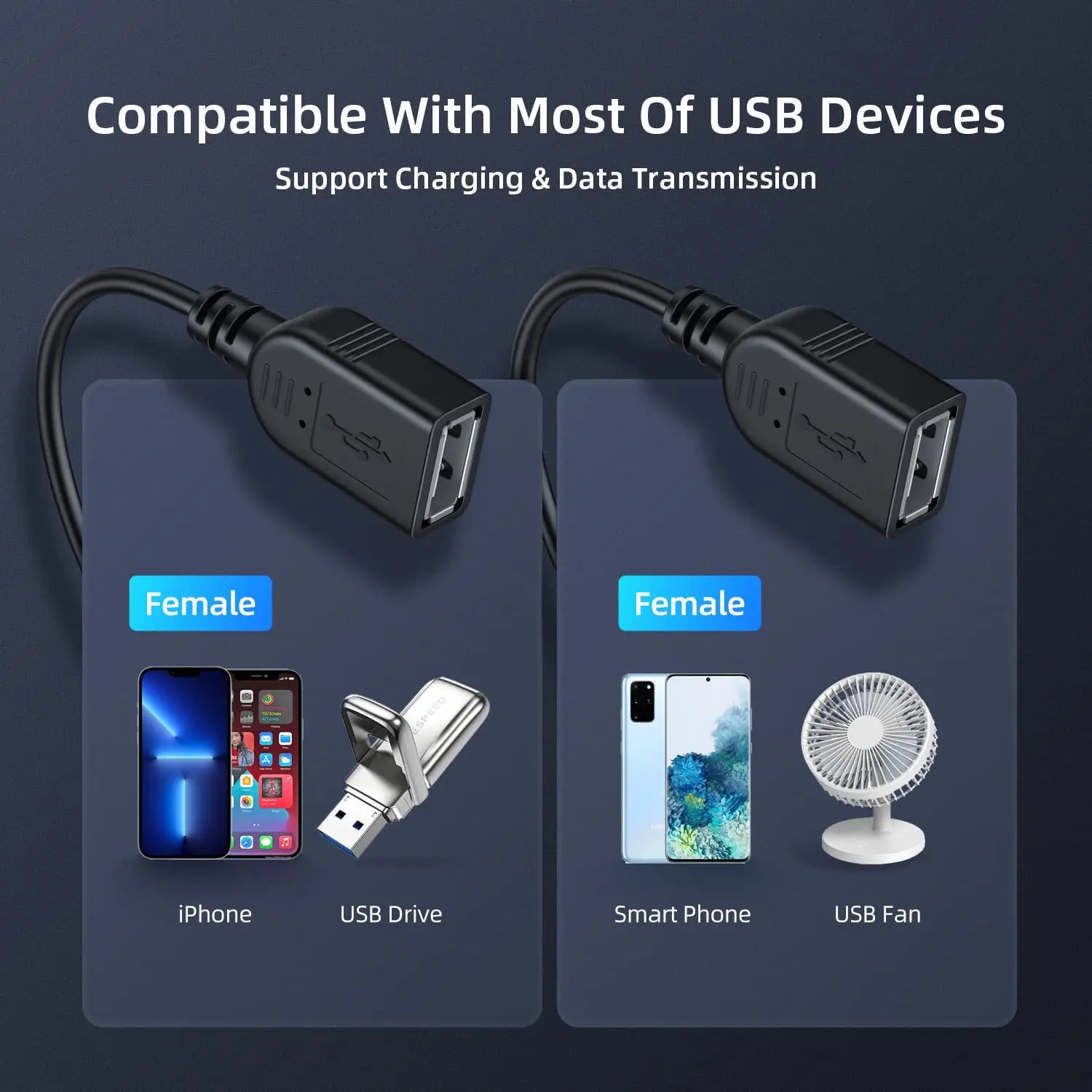 PC 차량용 USB 2.0 분배기 Y 케이블, 1 수-2 암 연장 코드, 전원 어댑터 컨버터, 데이터 전송 충전 케이블
