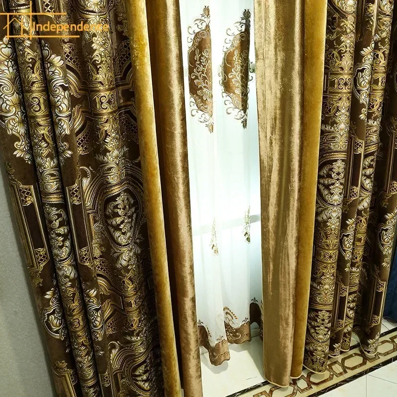 

Golden Yellow Luxury Thickened Jacquard Embossed Blackout Velvet Blackout Curtain Curtains For Living Dining Room Bedroom