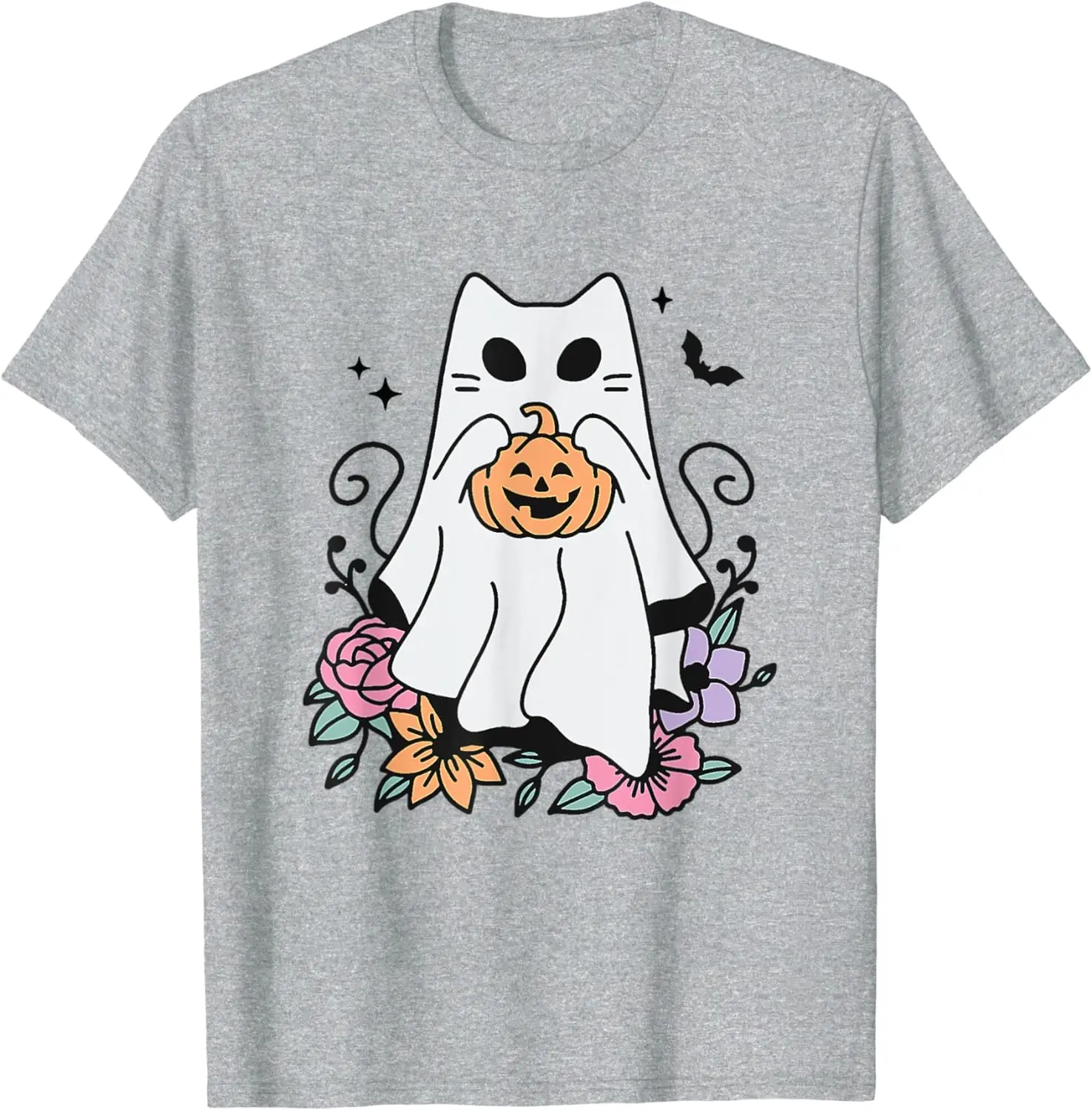 

Cat Funny Ghosts Boo Halloween Retro Pumpkin Floral Flowers cartoon T-Shirt men women clothing casual Four Seasons Short