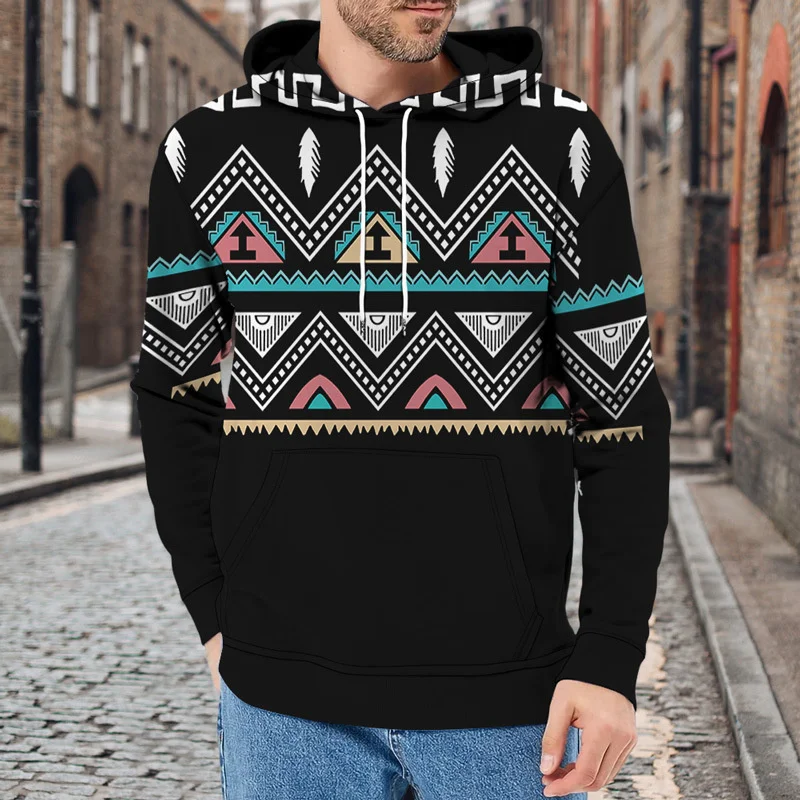 Aztec Geometric Pattern Hoodie For Men Retro 3D Printed Long Sleeves Autumn Casual Hoodies Oversized Sweatshirts Pullover Tops