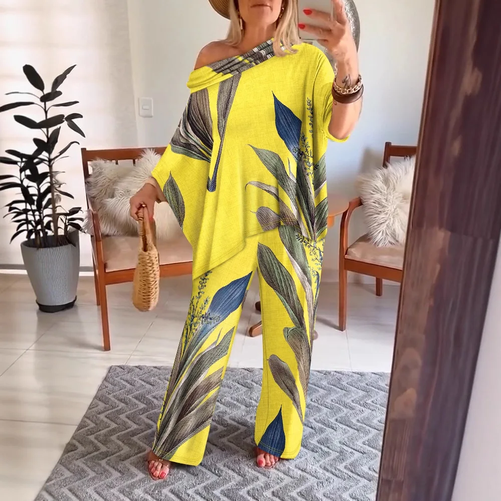 

Women Fashion Casual 2 Pieces Outfit Plants Print Cold Shoulder Batwing Sleeve Top and Casual Wide Leg Pants Set