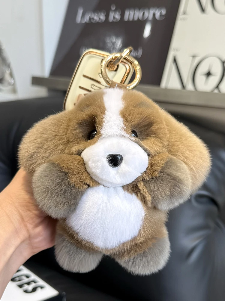 

2025 Real Rabbit Fur Cute Puppy Keychain Pendant Toys Keyring Dog Doll Handbag Charm Ornament Pompom Plush Jewelry Gifts