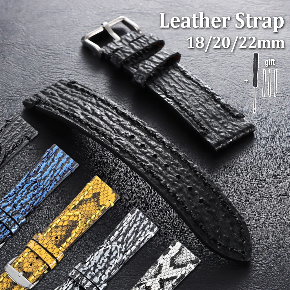 

18mm 20mm 22mm Handmade Calfskin Watchband Embossed Snake Shark Skin Pattern Bracelets Yellow Cowhide Strap Men Women Wristbelt