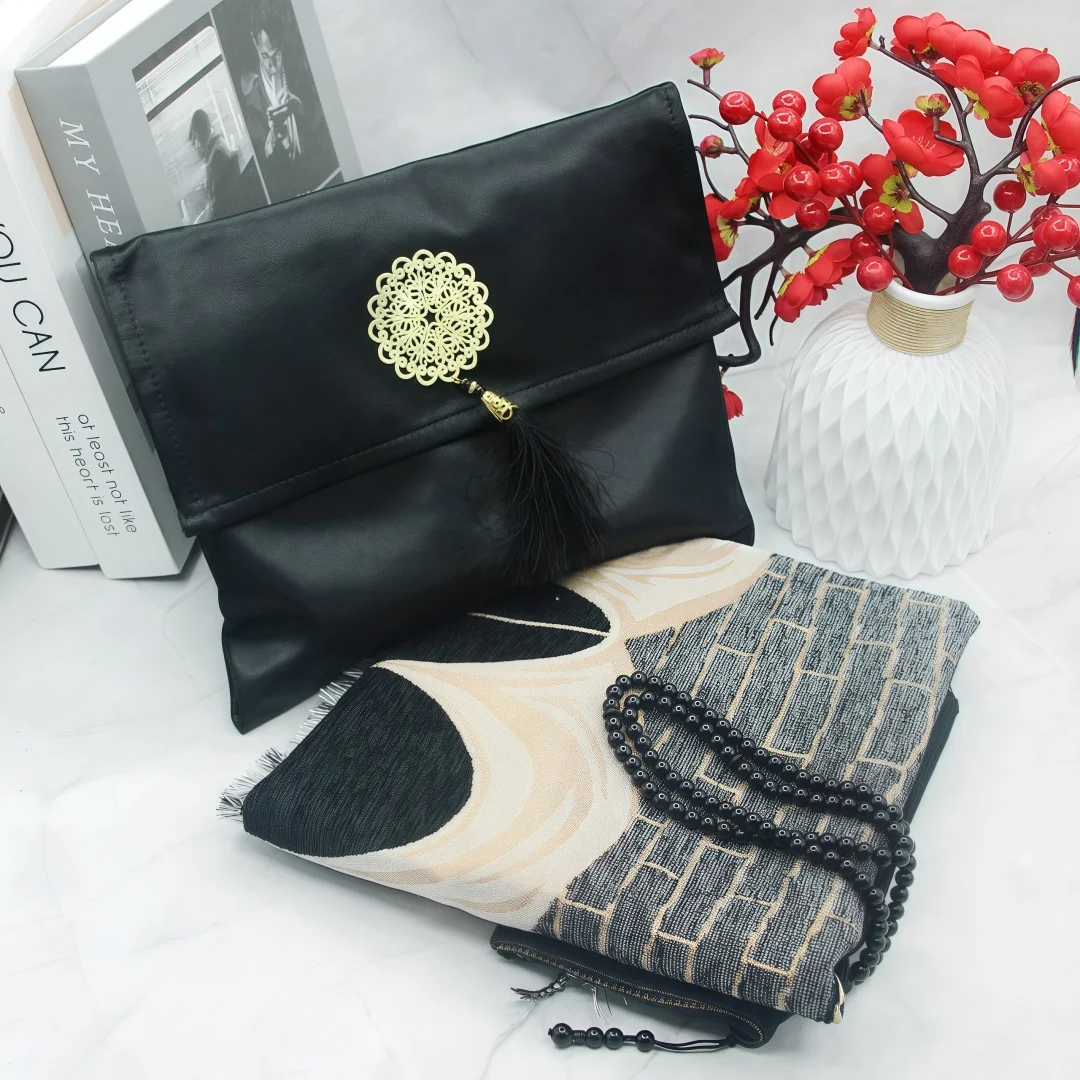 Tianfang Chenille Worship Blanket Three‑Piece Set, Gift Box with Imitation Silk Handbag and 99‑Bead Round‑Bead Prayer Beads