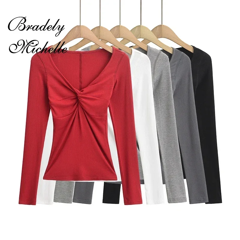 

Cross Knot Long Sleeved Shirts for Women New Women's V-Neck T-Shirt Top