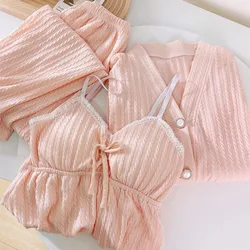 Plus Size Pajamas Women's Three Piece Set Spring Autumn Cotton Long Sleeved Chest Cushion Suspender Sleepwear Summer Homewear