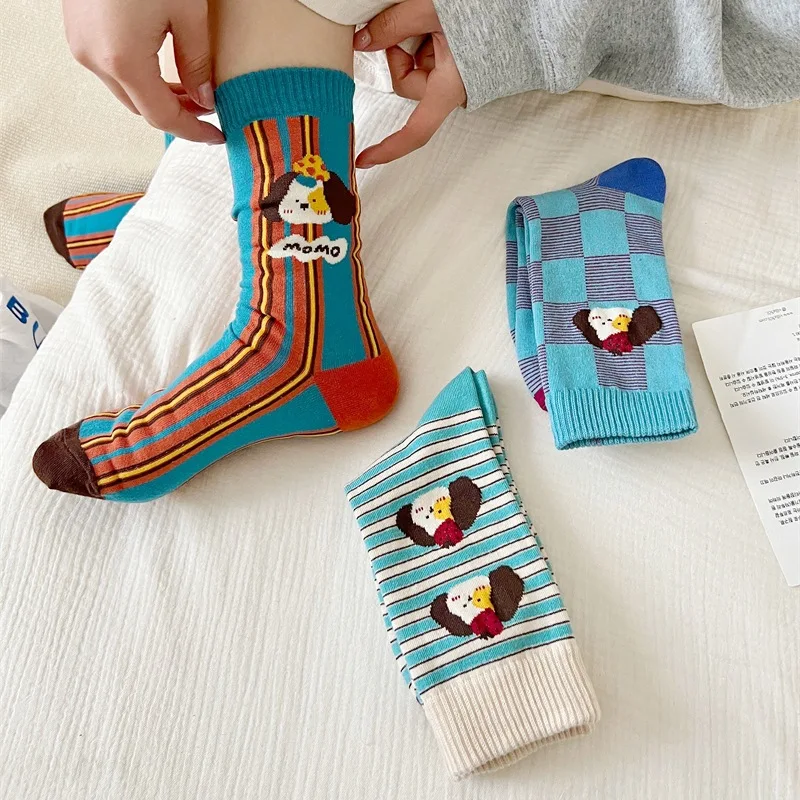 Female Cute Cartoon Striped Mid-tube Socks Instagram Trend Network Celebrity Personality Funny Ugly Illustration Cotton Socks