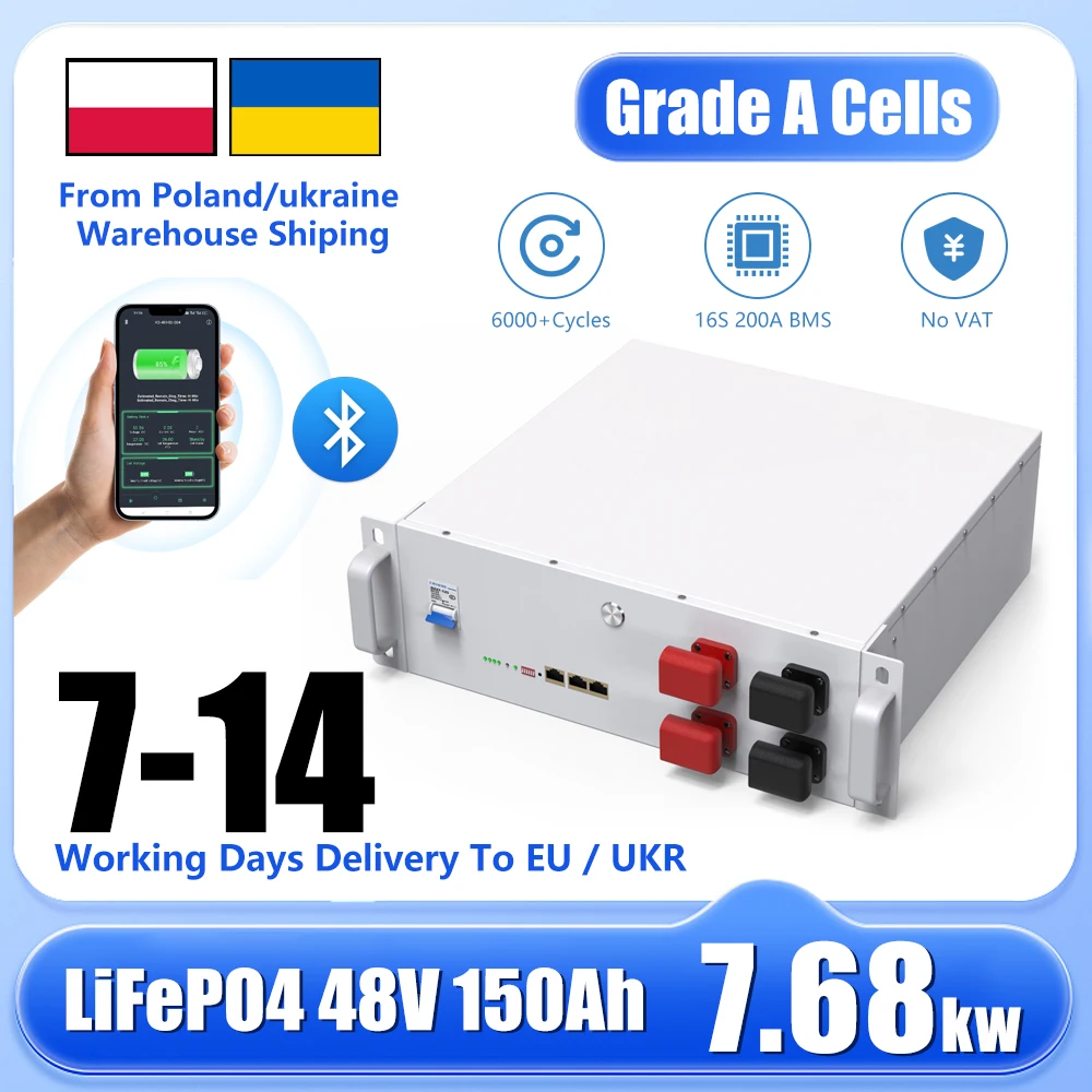 LiFePO4 48V 150Ah 7.6KW Lithium Battery Bluetooth 51.2V 100Ah 200Ah 6000+Cycles 32 Parallel CAN/RS485 EU UKR Fast delivery