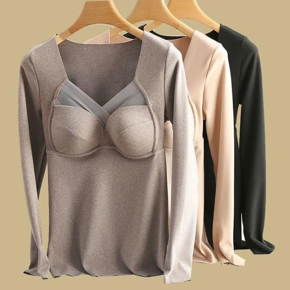 V Mesh Neck Women Thermal Clothes Invisible Solid Color Thermal Underwear Lingerie Velvet Fleece Warmth Long Tops Girls Female