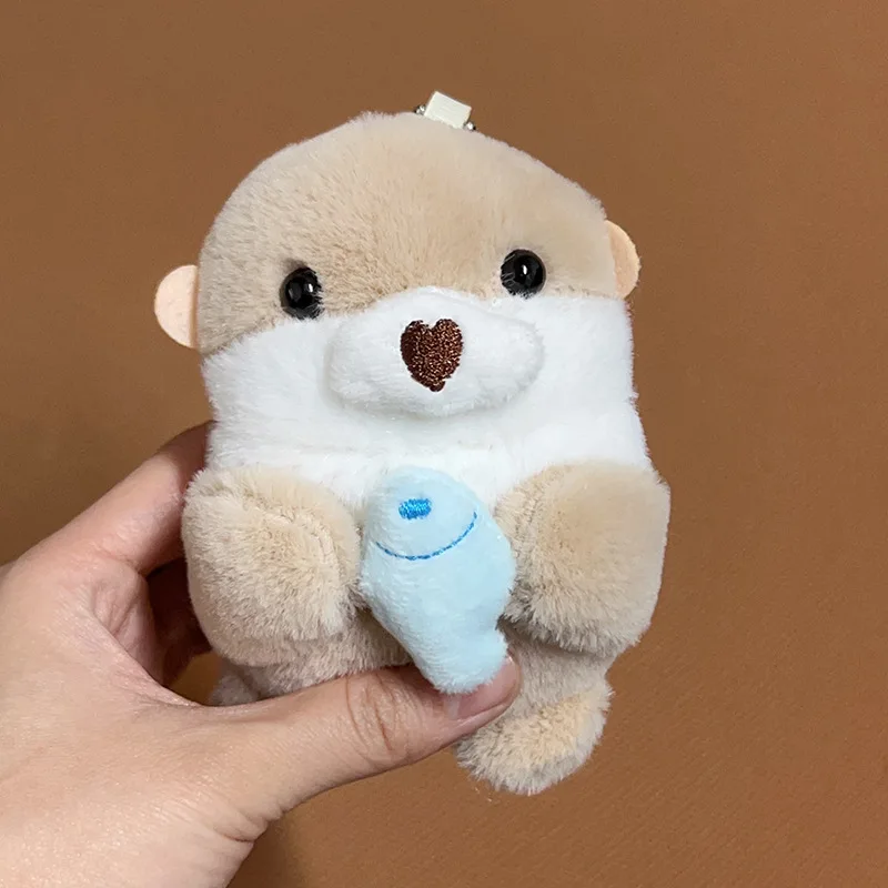 Kawaii Otter Holding Fish Plush Doll Keychain Lightweight Hanging Pendant Props for School Bag Key Wallet Doll Toy Keyring Gifts