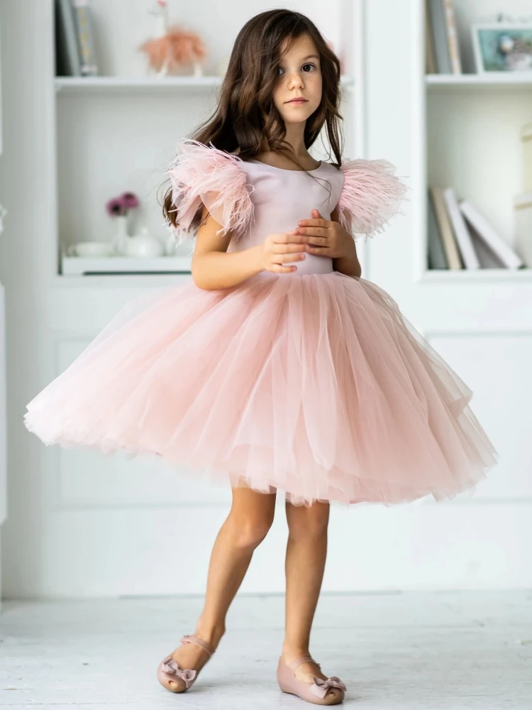 

Pink Flower Girl Dresses Satin Top Tulle Puffy Skirt With Bow Feather Shoulder Sleeve For Wedding Birthday First Communion Gowns