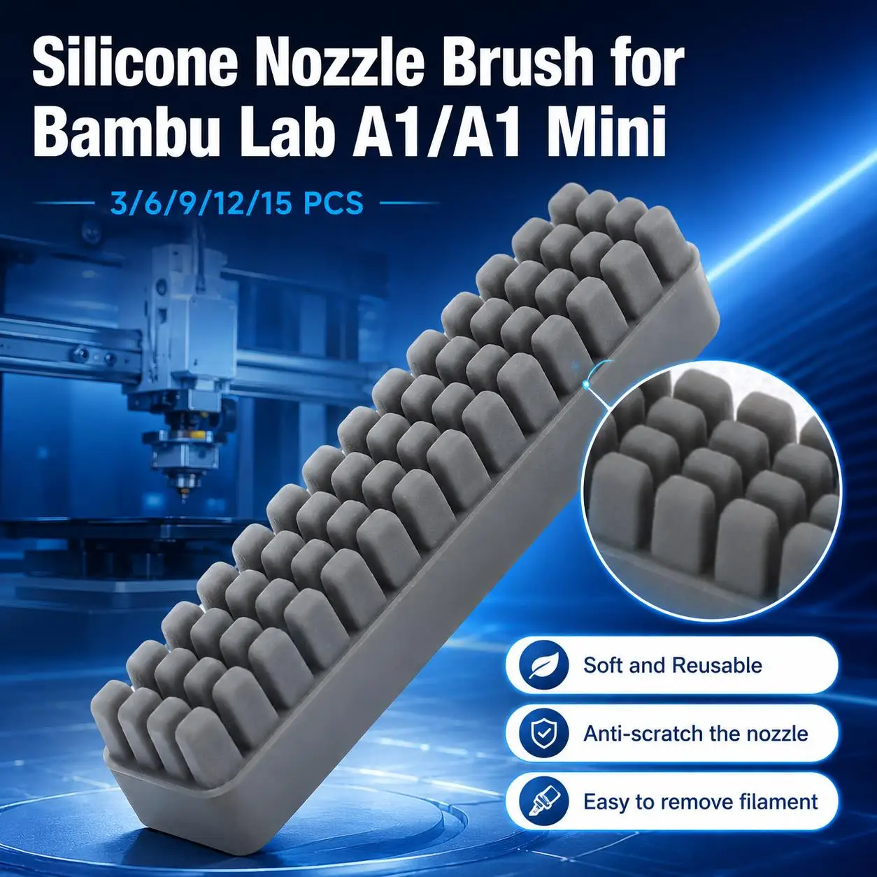 3/6/9/12/15Pcs 3D Printer Cleaning Wiper Scrubber Hotbed Mounted Nozzle Cleaner Silicone Nozzle Brush For Bambu Lab A1/A1 Mini