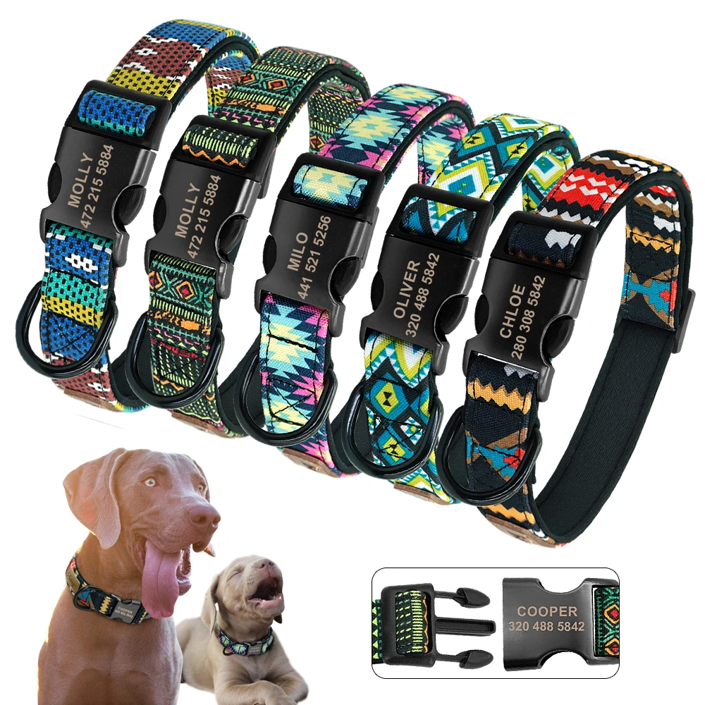 Personalized Dog Collar Nylon Dog Buckle Collars Printed Plaid Pet ID Collars Metal Buckles For Small Medium Large Dogs S M L