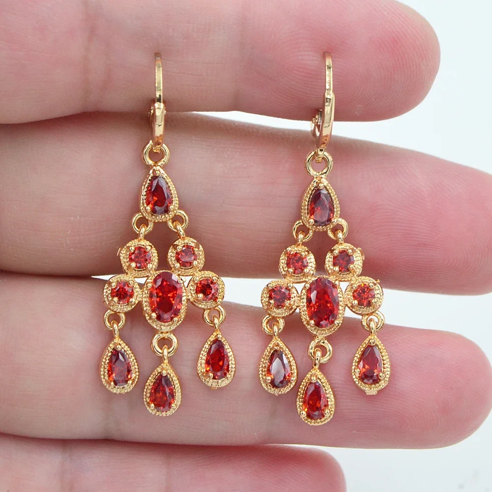 Fashion Jewelry Gold Color Red CZ Zircon Palace Chandelier Wedding Earrings for Women