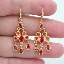 Fashion Jewelry Gold Color Red CZ Zircon Palace Chandelier Wedding Earrings for Women