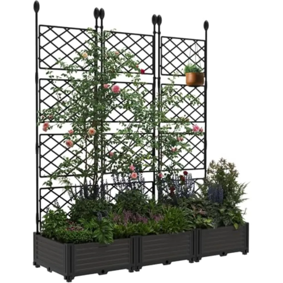 Raised Garden Bed Kit with Trellis for Balcony Use, Black Powder-Coated Steel, Vertical Metal Planter Box with Privacy Screen F