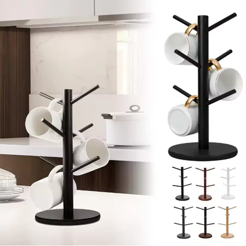

Coffee Cup Holder Tree Holder Wooden Thick Base Space-Saving Countertop 6 Hooks Tea Cup Storage Holder Hanging Rack
