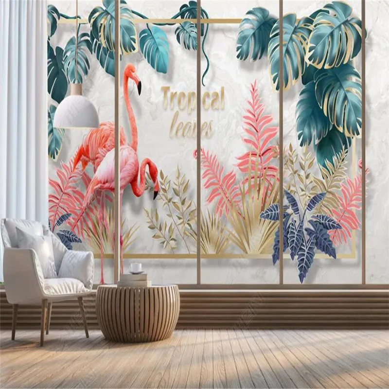 

Custom Size Creative Bedroom Decor Mural 3D Photo Wall Paper Hand-painted Tropical Plant Leaf Flamingo Home Decor Wallpapers