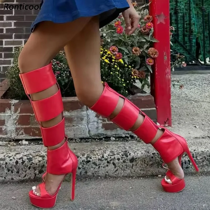 

Ronticool Handmade Women Summer Knee High Boots Stiletto High Heels Round Toe Red Blue Party Shoes Ladies Plus US Size 5-20