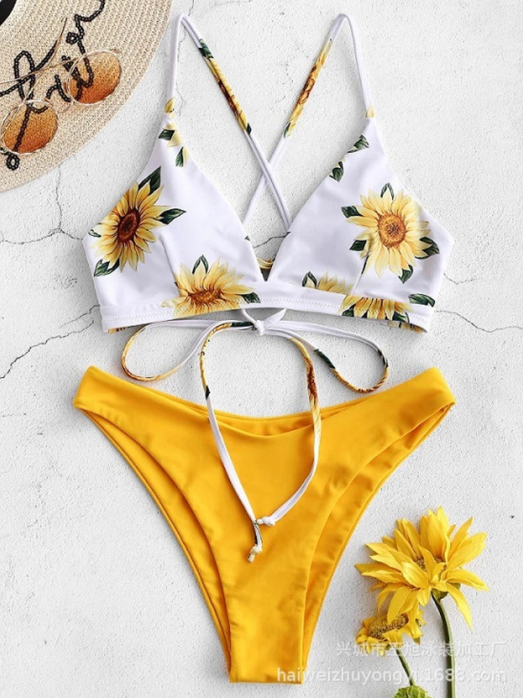 2023 New Sunflower Print Dresses Women Bikini Set Swimsuit Sexy Plus Size Swimwear Beach Bandage Bikini Mujer