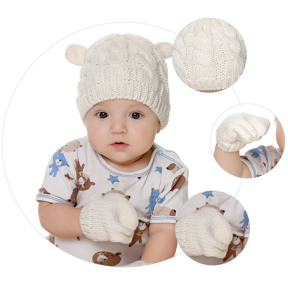 

1Set Baby Warm Hat and Gloves Set Thick Knitted Wool Cap Cute Small Ear Design Autumn Winter Baby Knitted Cap Warm Hat Gloves
