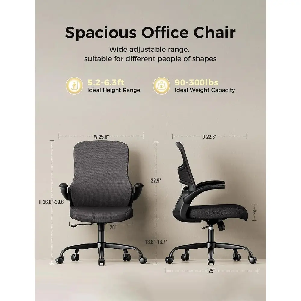 Small Mesh Oice Chair with lip-Up Arms, Ergonomic Desk Chair | Adaptive lumbar contour, 2.8inch dual-density oam and quiet caste