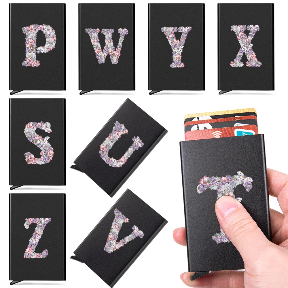Slim Aluminum Wallet Back Pouch ID Credit Card Holder Mini Wallet Automatic Pop Up Bank Card Case Rose Flower Letter Pattern