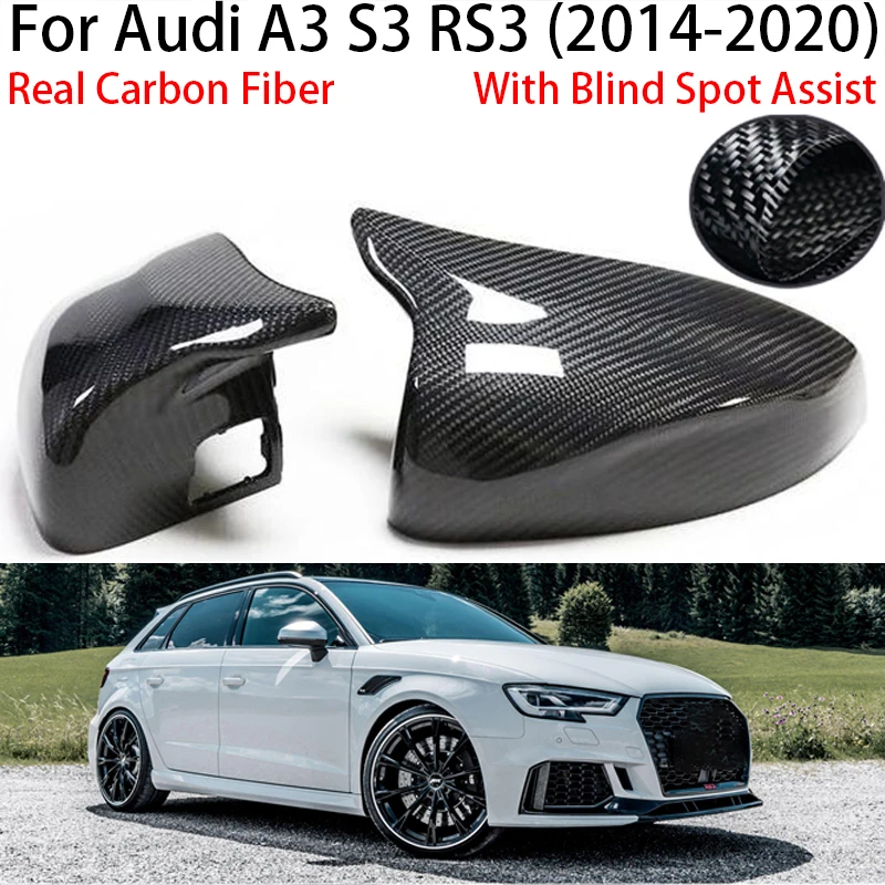 For Audi A3 S3 RS3 2014-2020 Real Carbon Fiber Car Side Mirror Covers Trim Cap With Blind Spot Assist Hole Replacement Add On