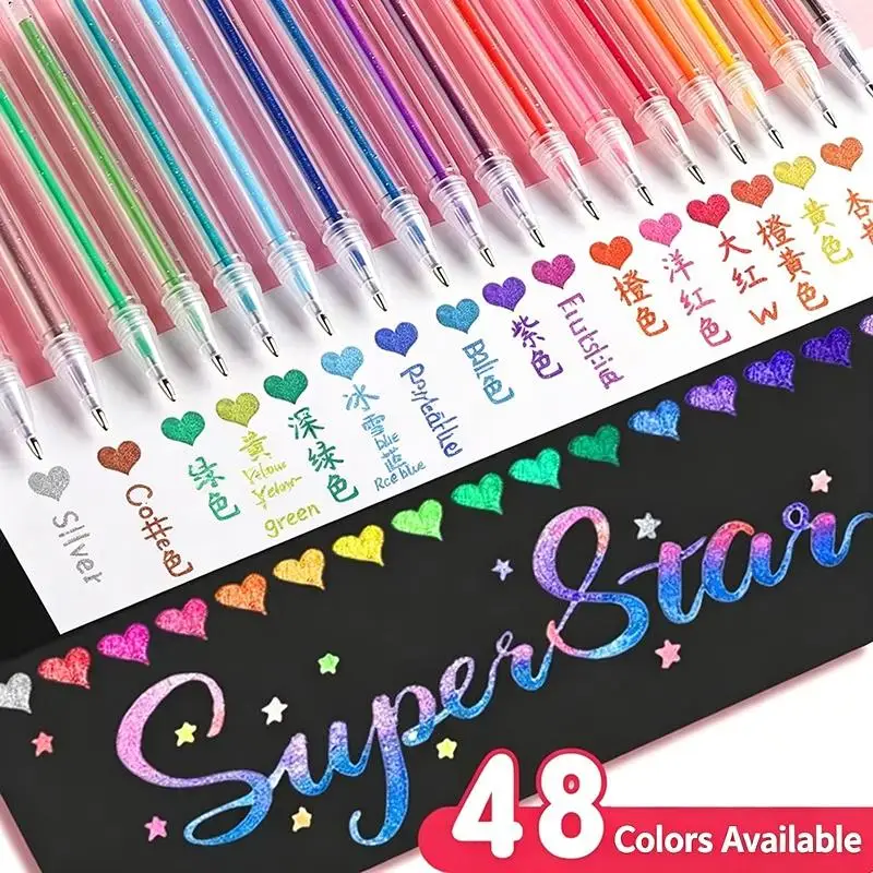 24/36/48PCS Glitter Gel Pen Set, 1.0mm Medium Tip + No Repeating Neon Colors + Smooth Ink Flow, Ideal For Adult Coloring Books