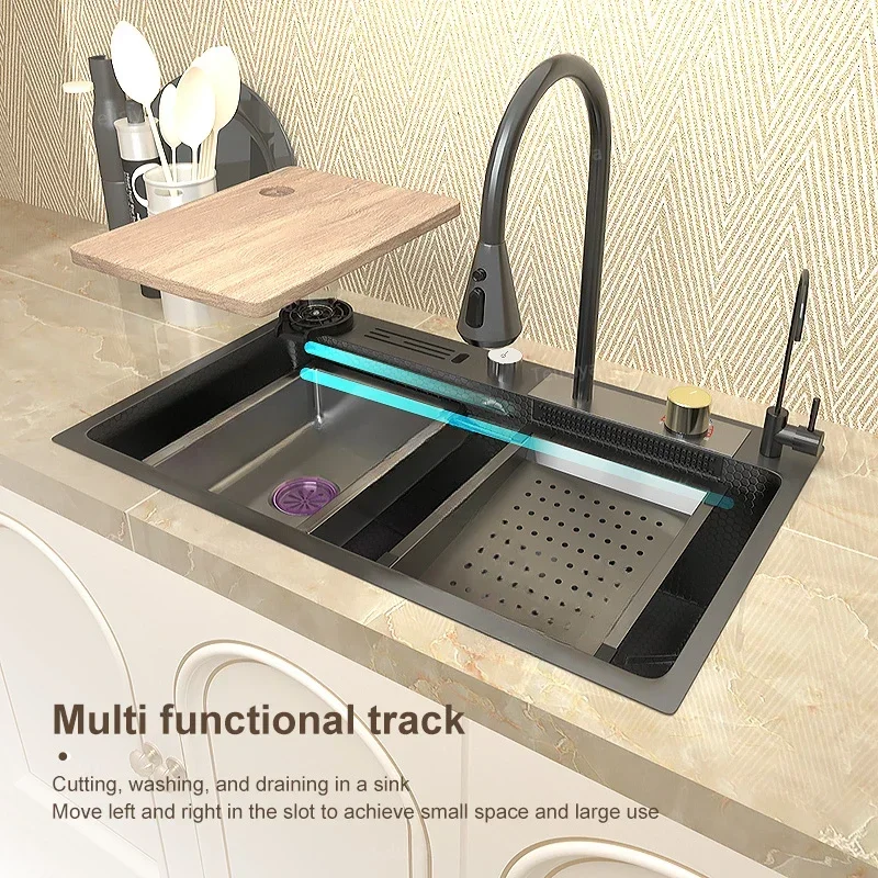 Waterfall Sink Stainless Steel Kitchen Sink Embossed Large Single Slo tMultifunction Wash Basin Support Wholesale