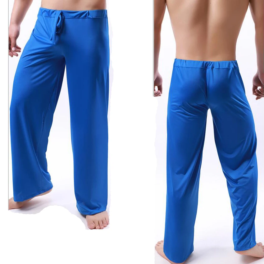 Sexy Men\'s Casual Pyjama Pants Solid Color Ice Silk Drawstring Elastic Waist Loose-Fitting Yoga Trouser Lounge Pajama Pants