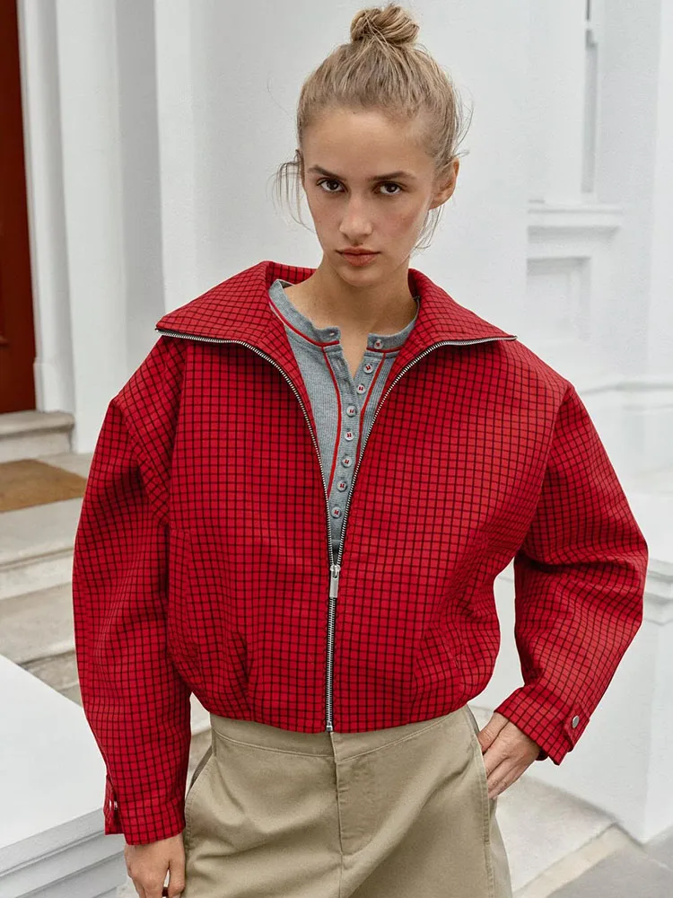 New Autumn Women's Long Sleeve Stand Collar Plaid Pilot Jacket Outerwear Versatile Fashionable Female Clothing European Style